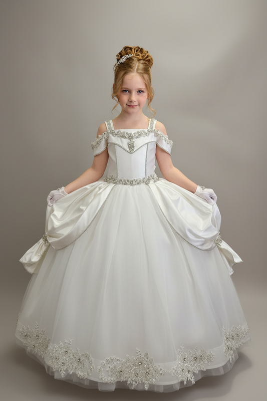 Girl wearing Emanuela communion dress - front view