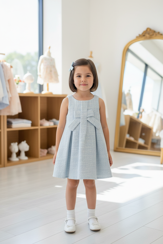 Girl wearing light blue tweed dress