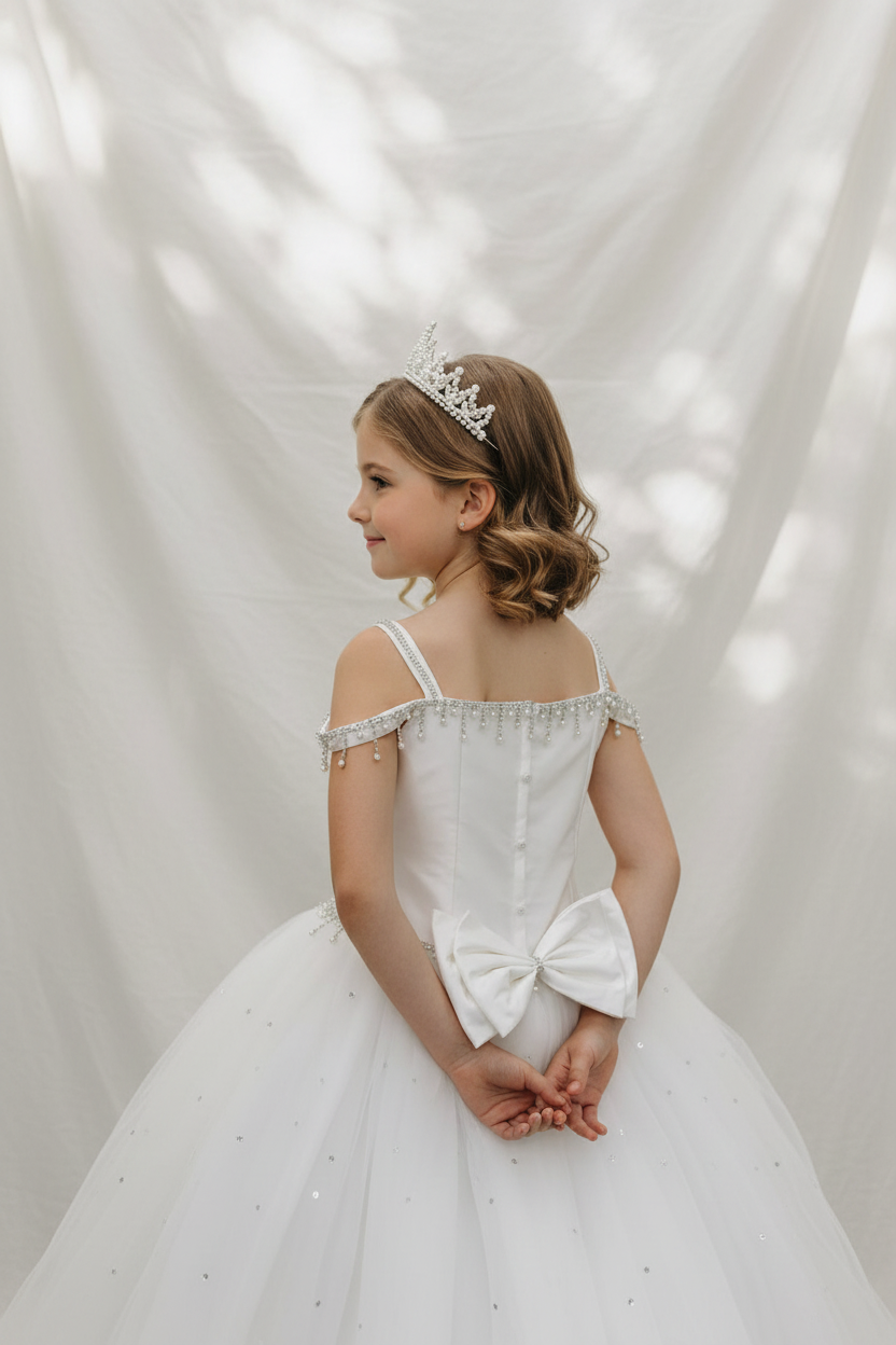 Girl wearing Margo communion dress - back view with hands at sides