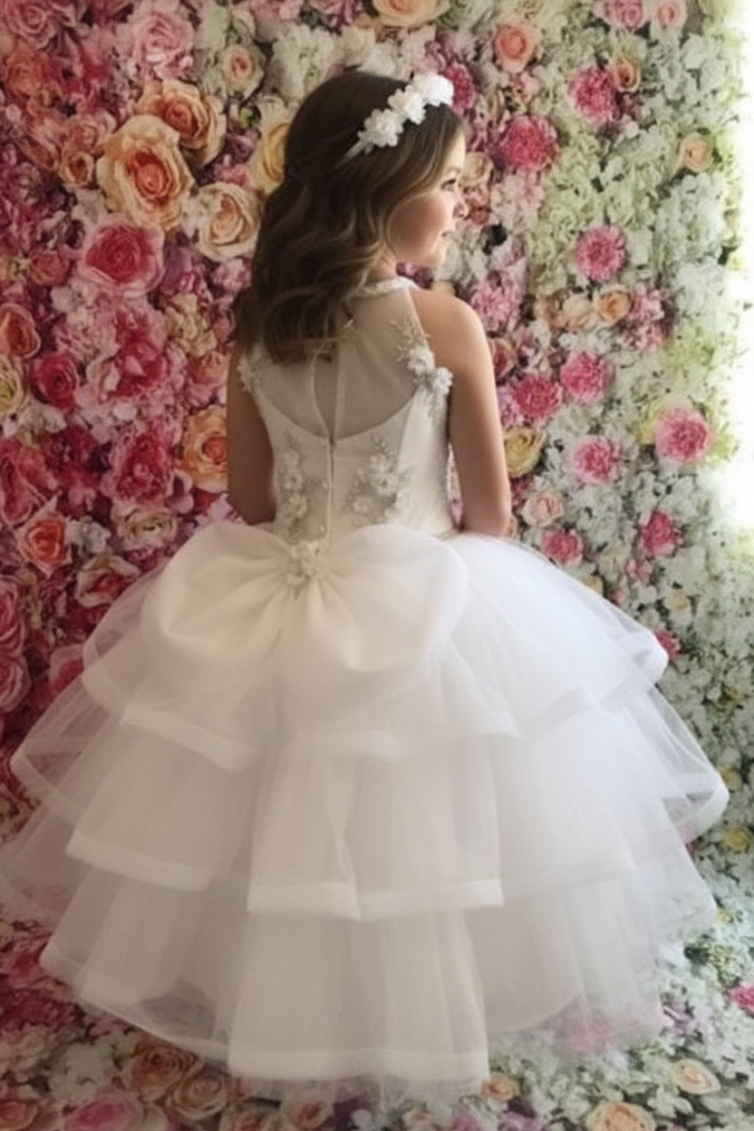 Girl wearing Melody communion dress - back view