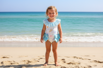 Girl wearing seaside bathing suit - front view