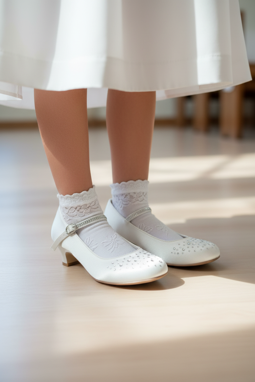 Girl wearing silk satin rhinestone communion shoes