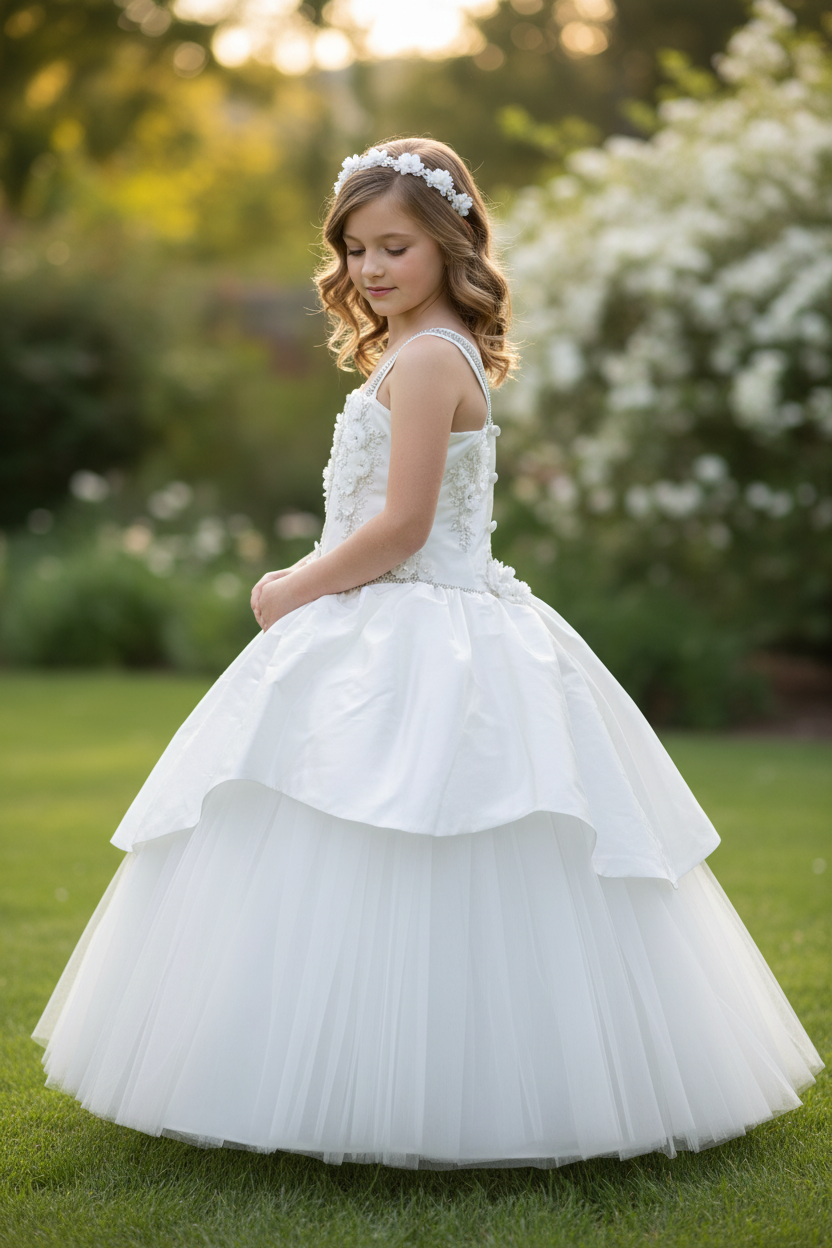 Girl wearing Stevie Special communion dress - back view