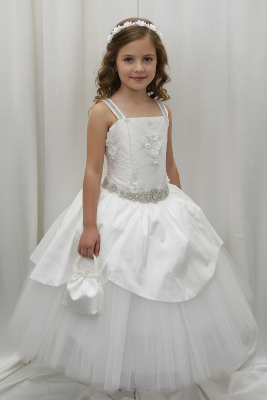 Girl wearing Stevie Special communion dress - front view