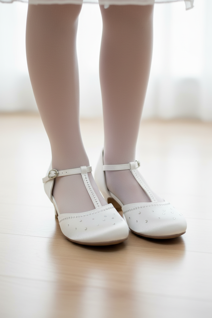 Girl wearing T-strap communion shoes with rhinestones