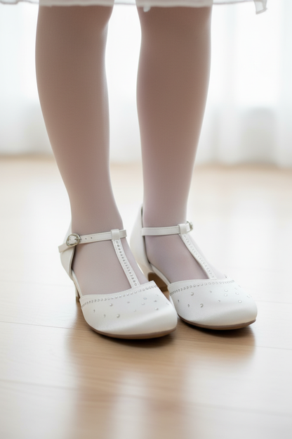 Girl wearing T-strap communion shoes with rhinestones