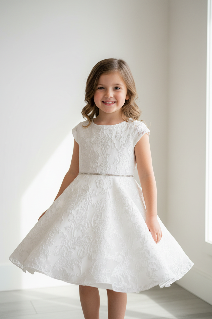 Girl wearing white A-line lace dress