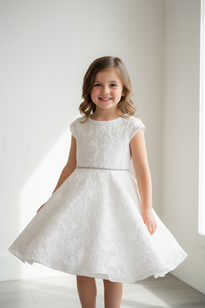 Girl wearing white A-line lace dress