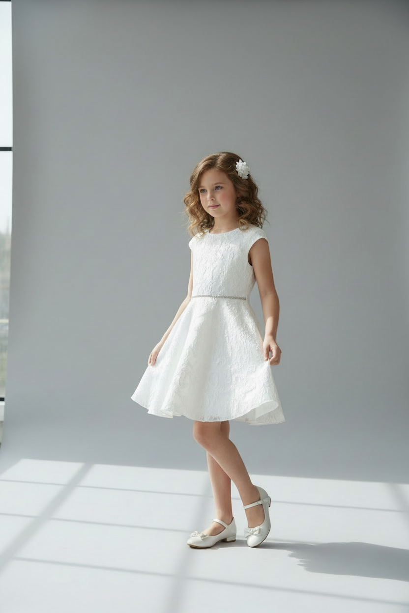 White Lace Flower Dress with Jeweled Belt