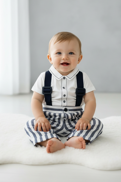 Boys Classic Formal Outfit  Navy Blue and White Stripes