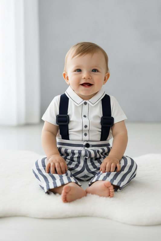Boys Classic Formal Outfit  Navy Blue and White Stripes