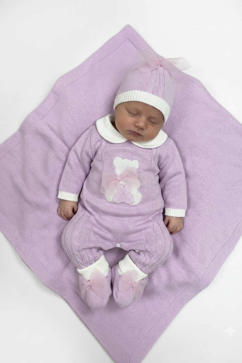 Lavender Pink Knit Baby Layette Set – 4-Piece Newborn Coming Home Outfit Made In Italy