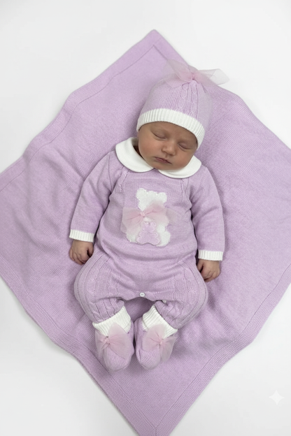 Lavender Pink Knit Baby Layette Set – 4-Piece Newborn Coming Home Outfit Made In Italy