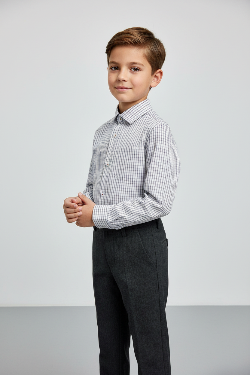 Wine & Gray Checkered Shirt with Gray Pants Set for Boys