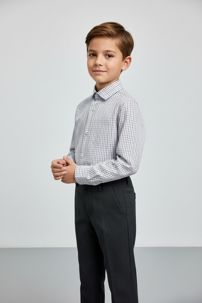 Wine & Gray Checkered Shirt with Gray Pants Set for Boys