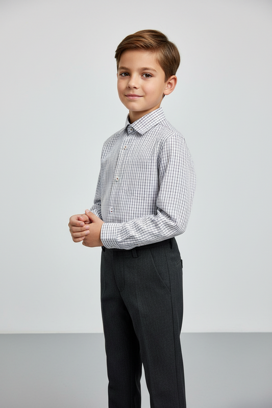 Wine & Gray Checkered Shirt with Gray Pants Set for Boys