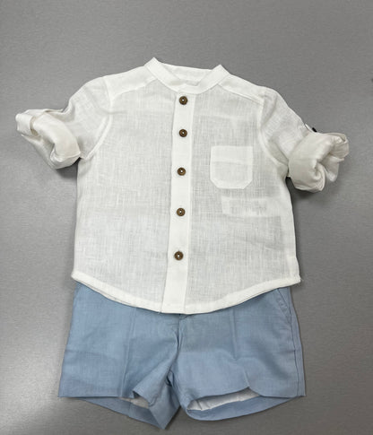 2PC Boys powder blue & white  linen shirt & shorts set 042-20172