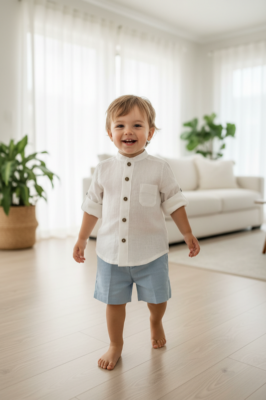 2PC Boys powder blue & white  linen shirt & shorts set 042-20172