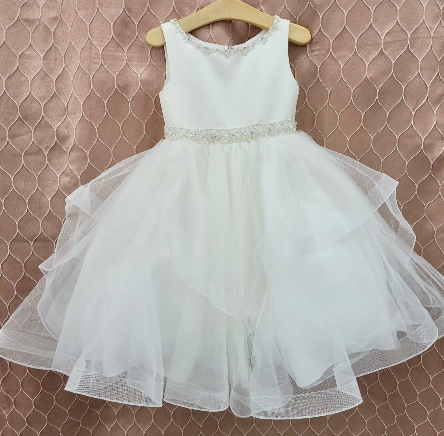 White Sleeveless Flower Girl Dress with Beads & Frills | La Bavetta