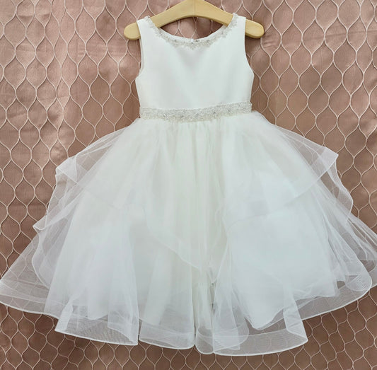 White Sleeveless Flower Girl Dress with Beads & Frills | La Bavetta