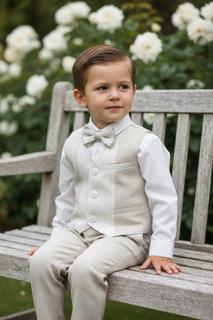 Bimbalo Boys 4 Piece Beige Linen Pants and Vest Outfit 6090