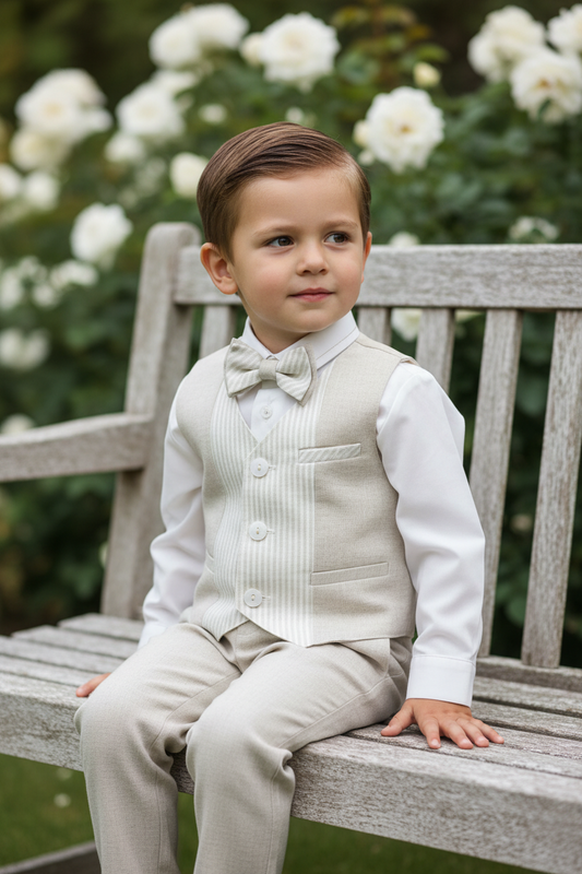 Bimbalo Boys 4 Piece Beige Linen Pants and Vest Outfit 6090