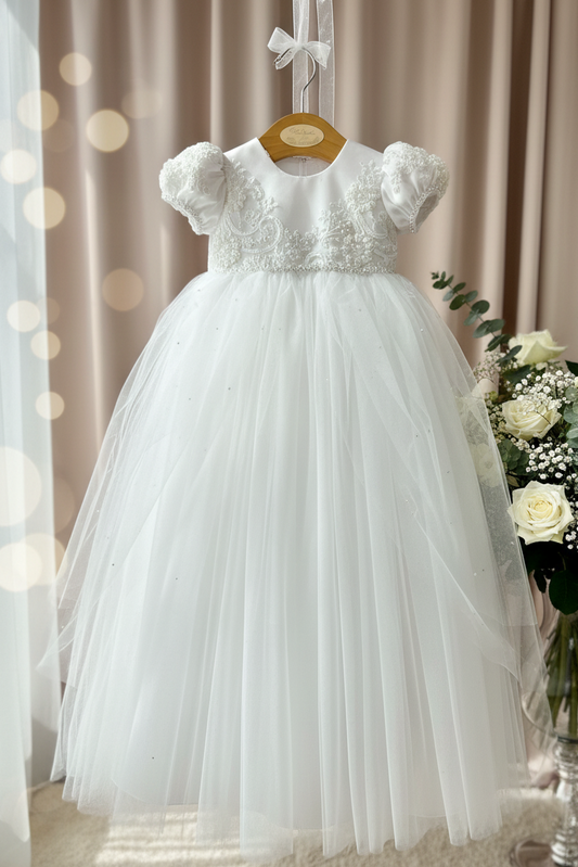 Heirloom Christening Gown - Hand-Beaded Baptism Dress with Bonnet - Wilma
