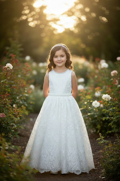 Diamond White Lace Flower communion Dress