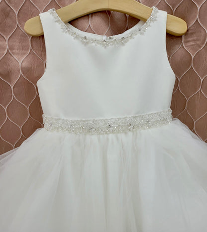 White Sleeveless Flower Girl Dress with Beads & Frills | La Bavetta