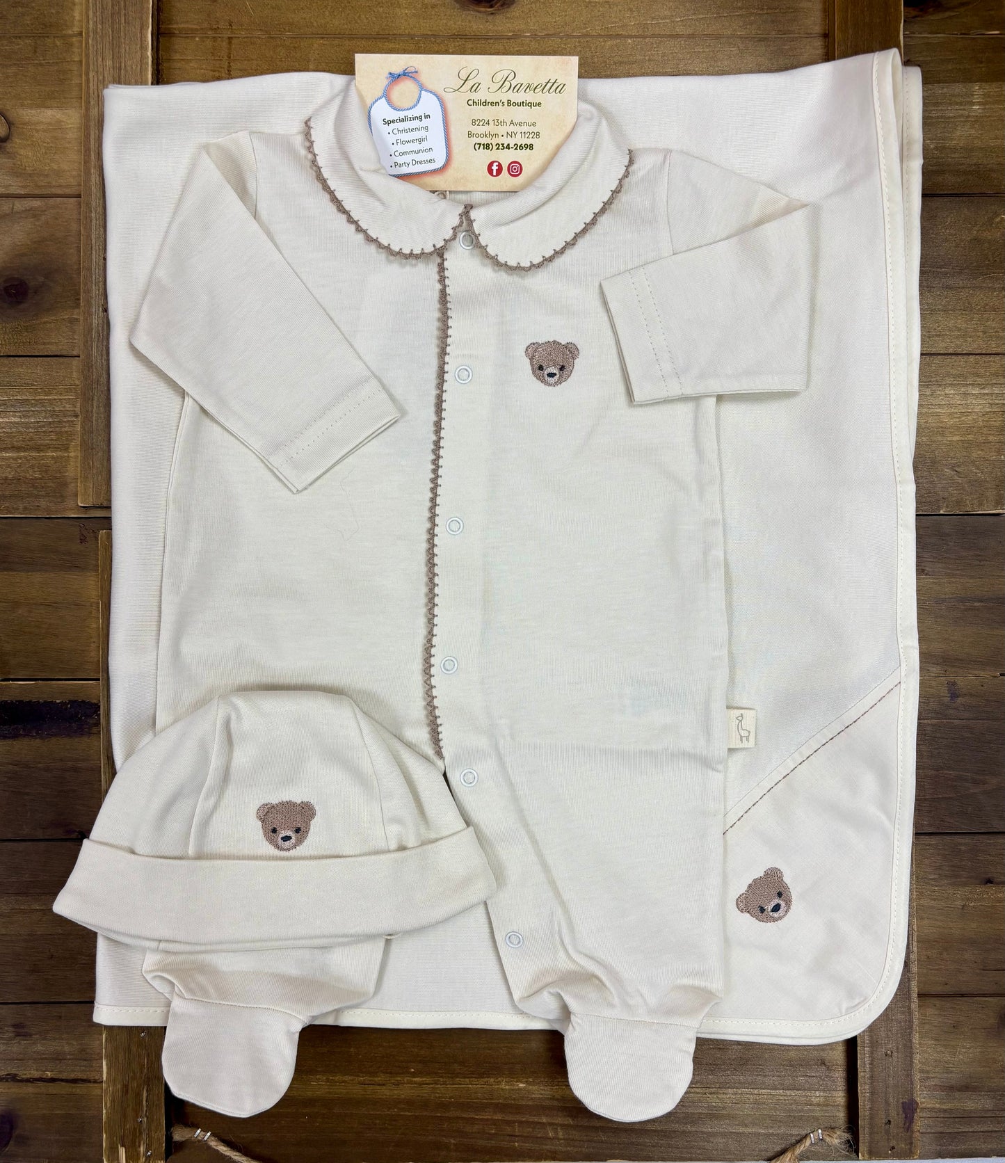Tan Baby Bear Embroidered Take-Home Set