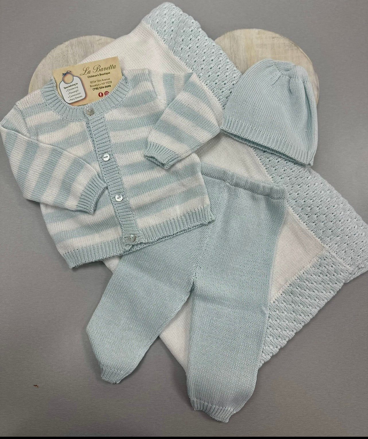 Baby Knit 4-Piece Layette Set — aqua Blue & White