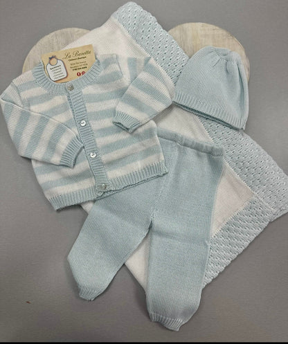 Baby Knit 4-Piece Layette Set — aqua Blue & White