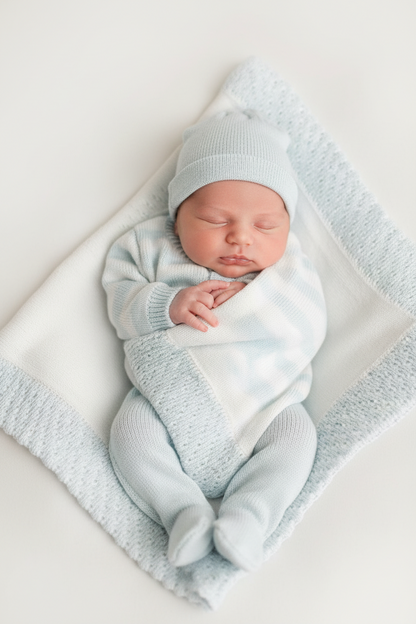 Baby Knit 4-Piece Layette Set — aqua Blue & White