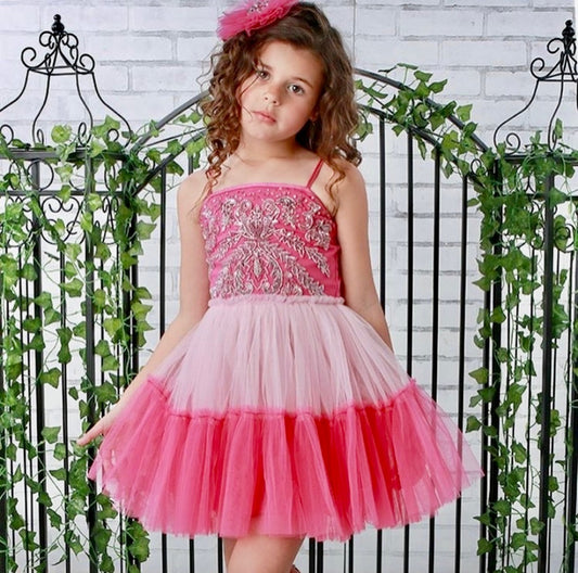 Hot Pink Light Pink Beaded Top Girl's Dress | La Bavetta | NYC