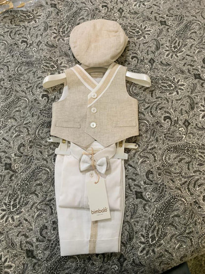 Bimbalo Boys 4 Piece Beige Linen Shorts and Vest Outfit with Cap 6083